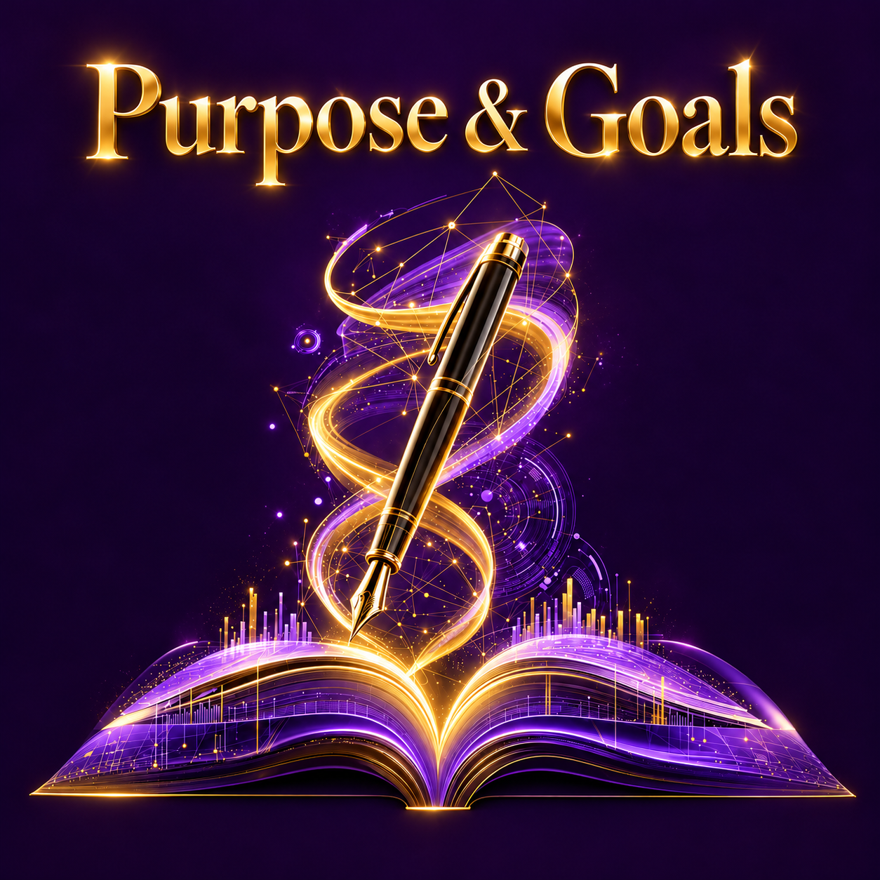 Purpose & Goals course artwork — a golden pen rising from an open book